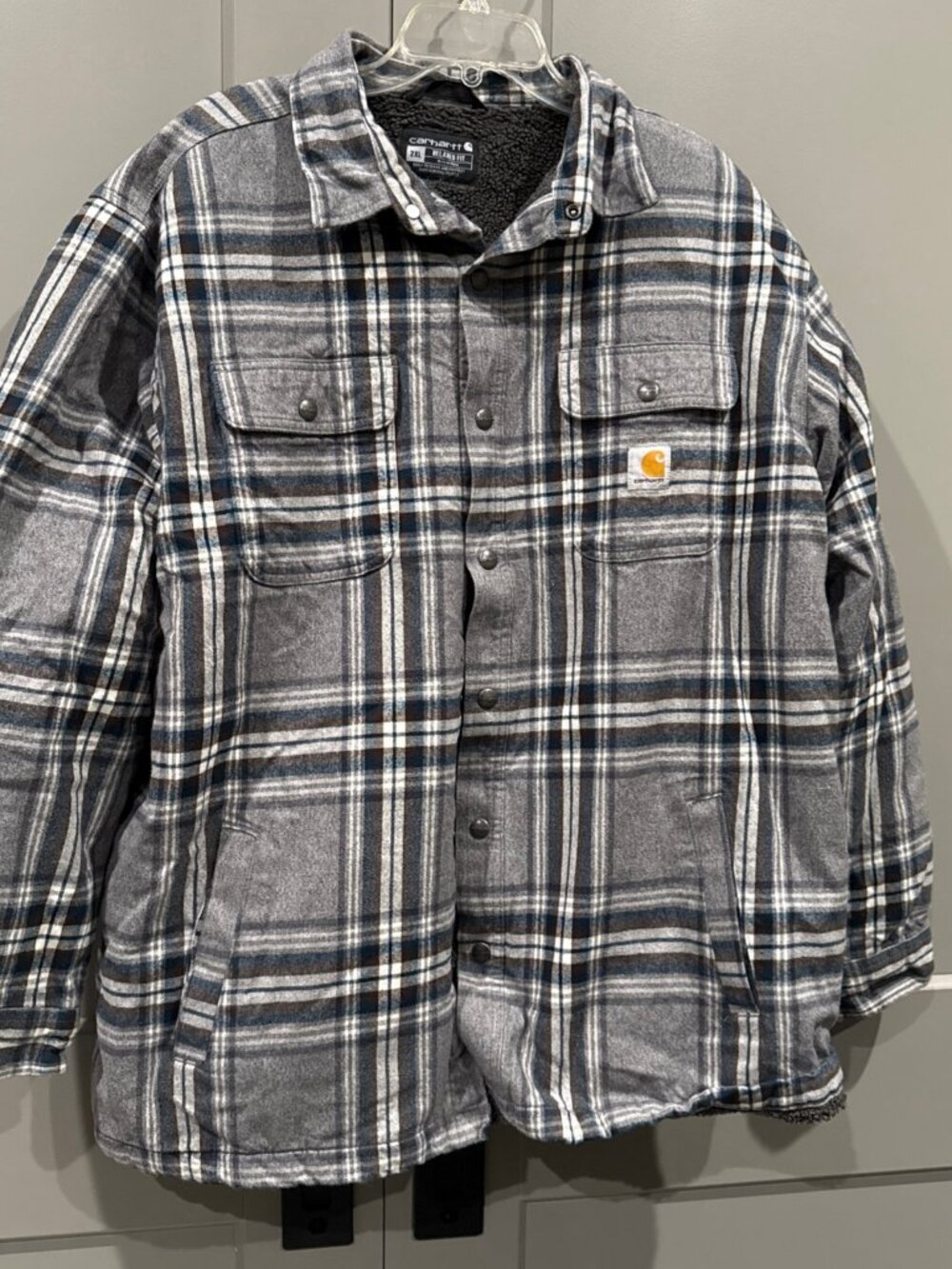 Carhartt 105430 Mens M Sherpa Lined Flannel Shirt Jacket Grey Plaid TJ4452-2XL